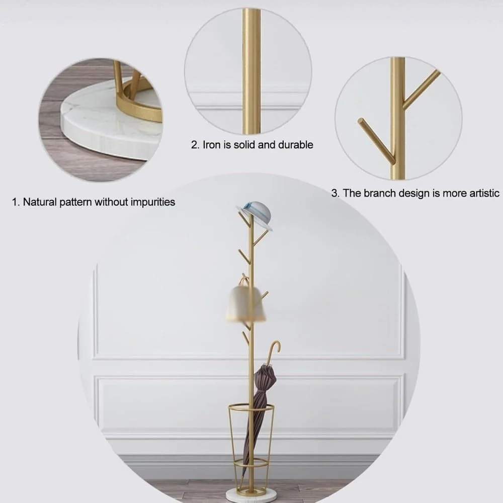 رخت آویز فلزی با جا چتری، رخت آویز ایستاده با پایه مرمری، دارای قلاب های متعدد برای ورودی و اتاق خواب (طلایی)