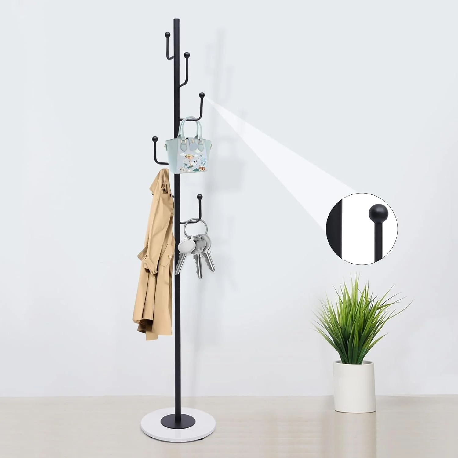 جالباسی ایستاده فلزی مدرن، جالباسی درختی با 6 آویز برای کت، کلاه، کیف و کیف پول (سفید) جالباسی ایستاده فلزی مدرن، جالباسی درختی با 6 آویز برای کت، کلاه، کیف و کیف پول (سفید)