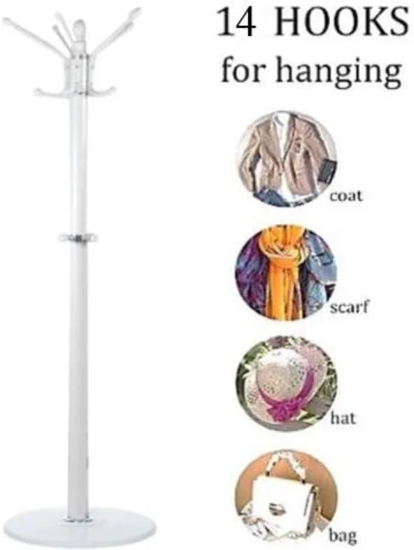 آویز لباس فلزی ایستاده AWF AL WADI FURNITURE® با پایه مرمری طبیعی، چوب لباسی، جالباسی ایستاده با 14 قلاب برای آویزان کردن شال، کیف، ژاکت، سازمان دهنده کلاه ورودی منزل (سفید)