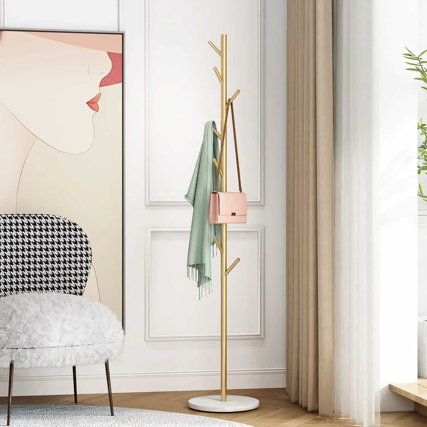 چوب لباسی فلزی ایستاده AOHRYME، ارتفاع 170 سانتی متر با پایه مرمر طبیعی، چوب لباسی مدرن ایستاده، پایه چوب لباسی محکم، جالباسی طلایی برای کت، کلاه، کیف، ورودی (طلایی+سفید)