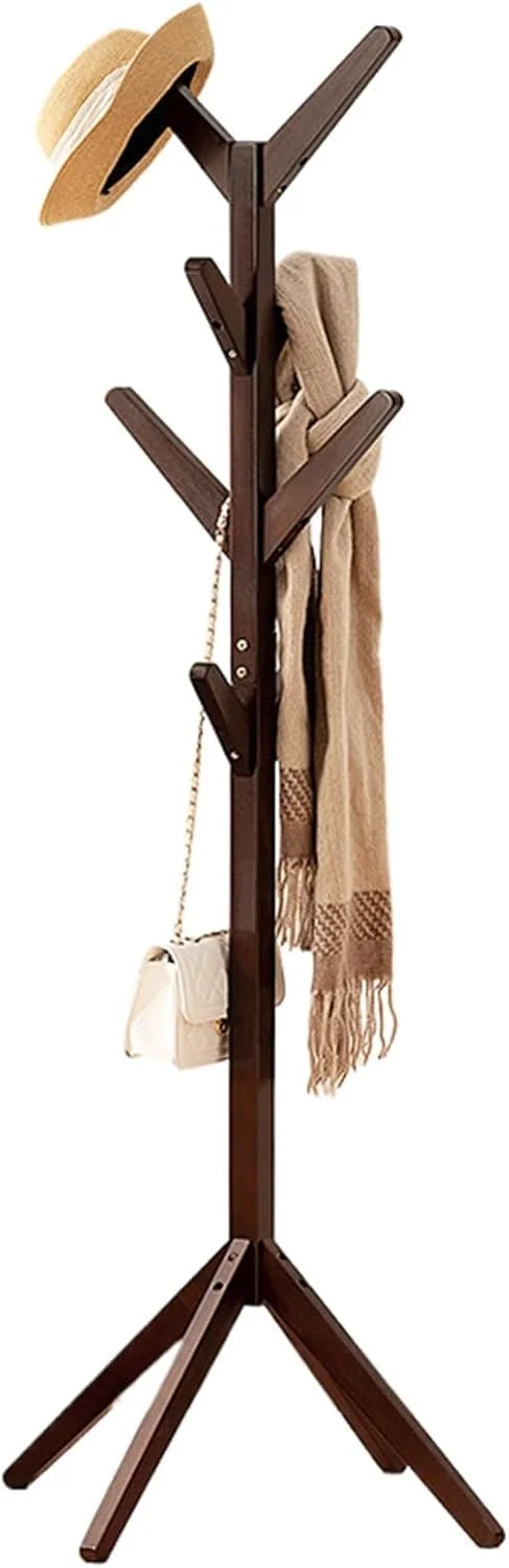 چوب لباسی ایستاده Aliuciku، چوب لباسی چوبی ساده با 8 آویز برای اتاق خواب، دفتر کار، ورودی (قهوه ای)