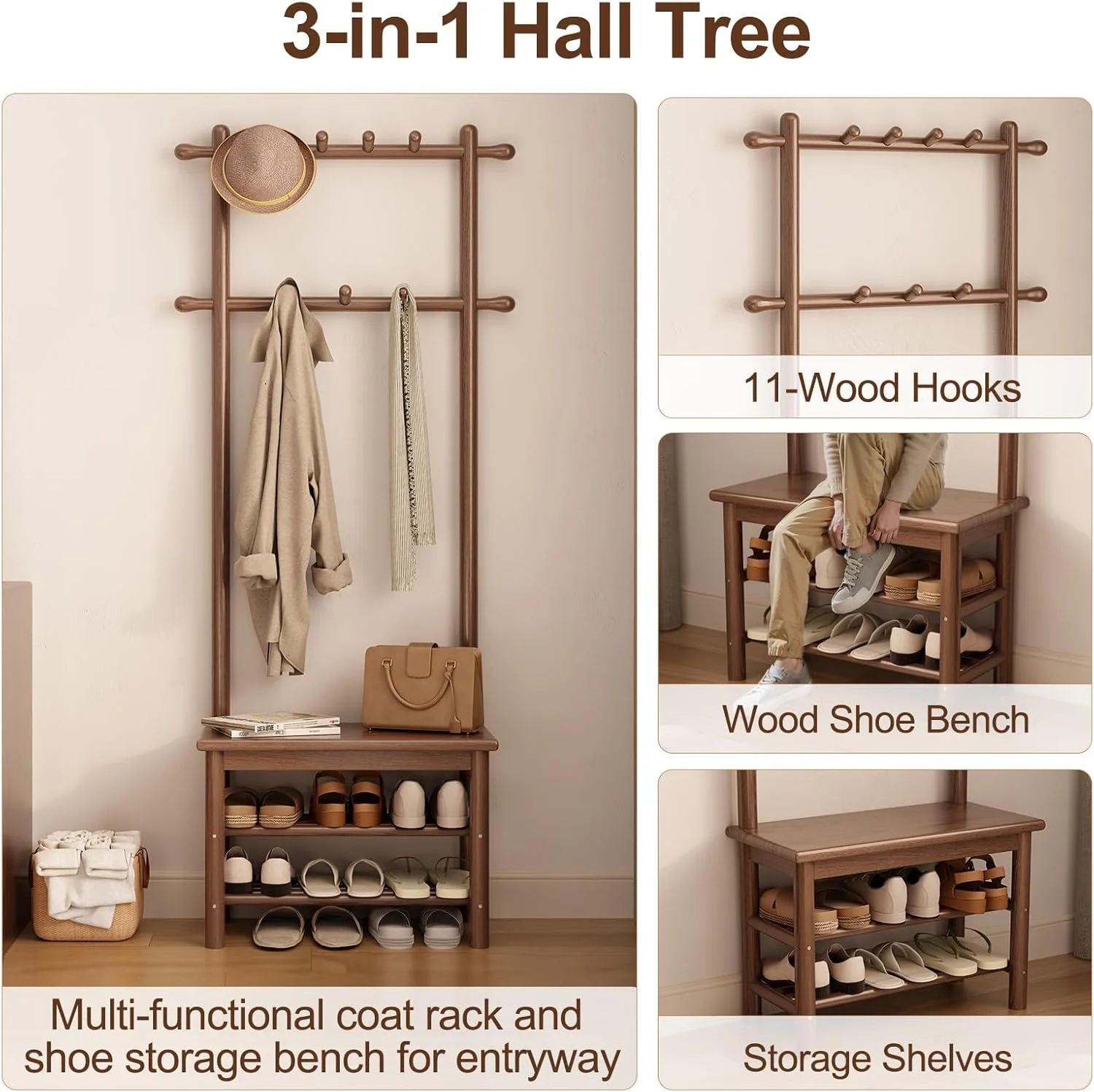 جالباسی ایستاده و نیمکت جاکفشی 3 در 1 AQIMUELE با 11 آویز، رنگ قهوه ای گردویی، ابعاد 30x60x170 سانتی متر جالباسی ایستاده و نیمکت جاکفشی 3 در 1 AQIMUELE با 11 آویز، رنگ قهوه ای گردویی، ابعاد 30x60x170 سانتی متر