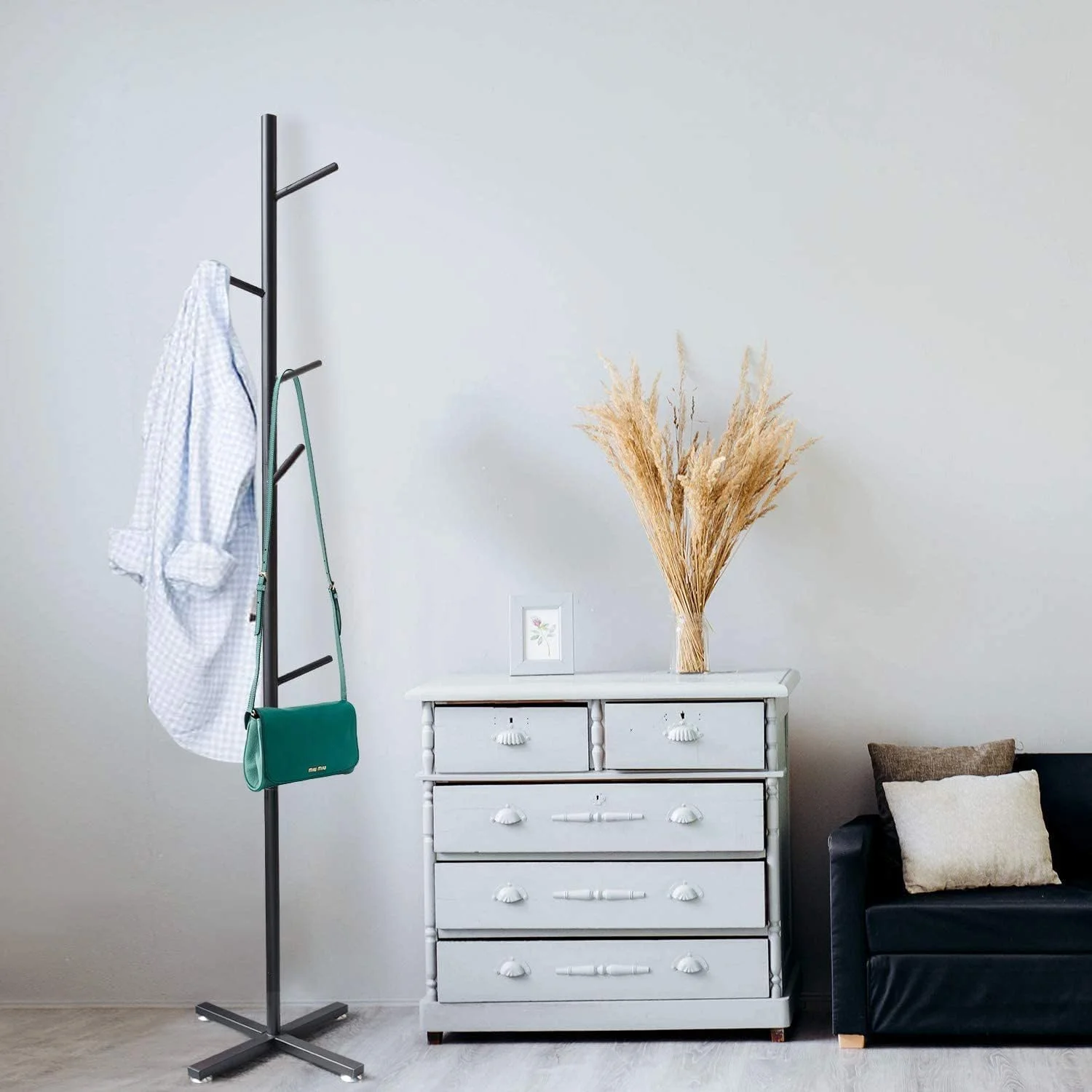 چوب لباسی فلزی ایستاده باوین با 8 قلاب، آویز مدرن نوردیک لوکس، مناسب برای آویزان کردن لباس، کیف، کلاه، لوازم جانبی (مشکی)