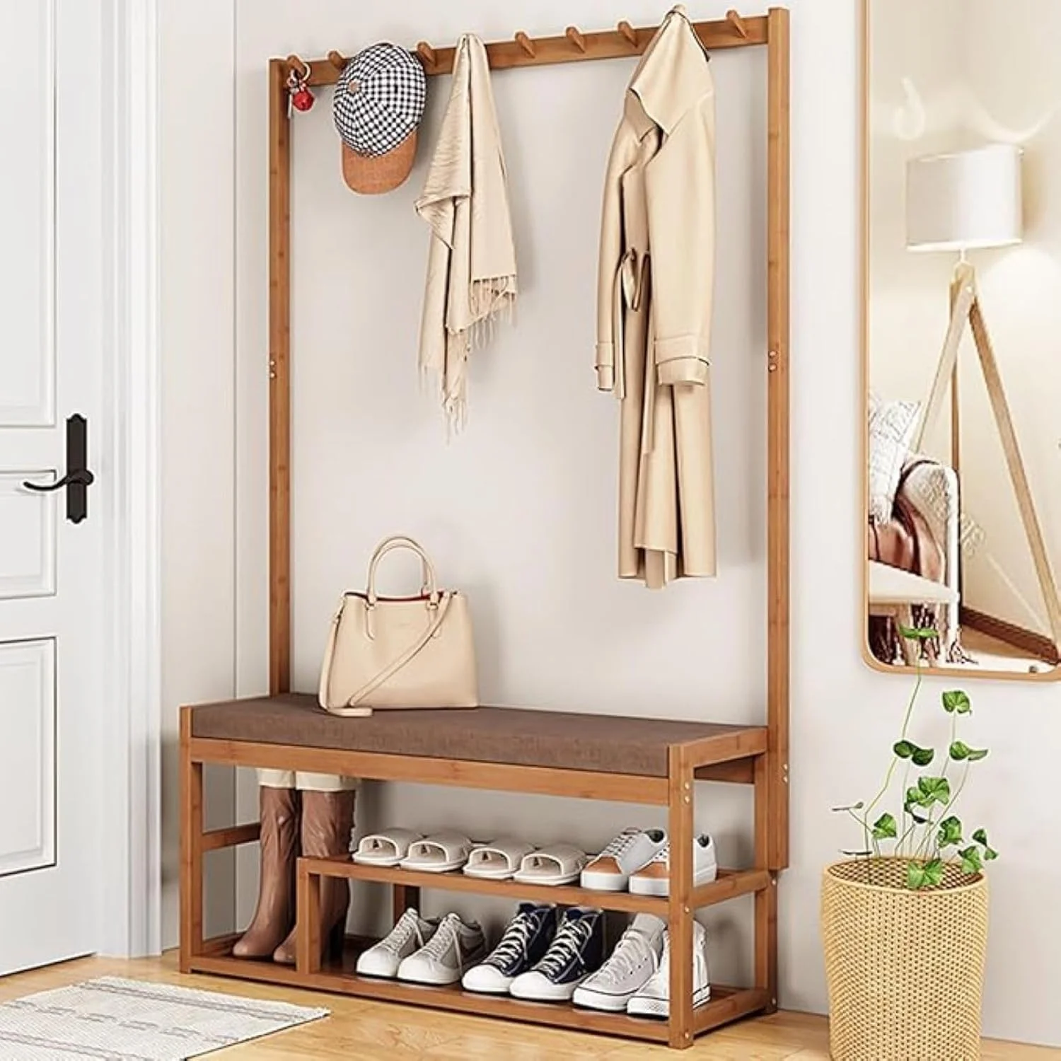 جالباسی و رخت آویز ایستاده آلمکا کوز با نیمکت جاکفشی، چوب روستیک، دارای 3 طبقه قفسه و آویز برای اتاق خواب، اتاق نشیمن، ورودی کمد جالباسی و رخت آویز ایستاده آلمکا کوز با نیمکت جاکفشی، چوب روستیک، دارای 3 طبقه قفسه و آویز برای اتاق خواب، اتاق نشیمن، ورودی کمد