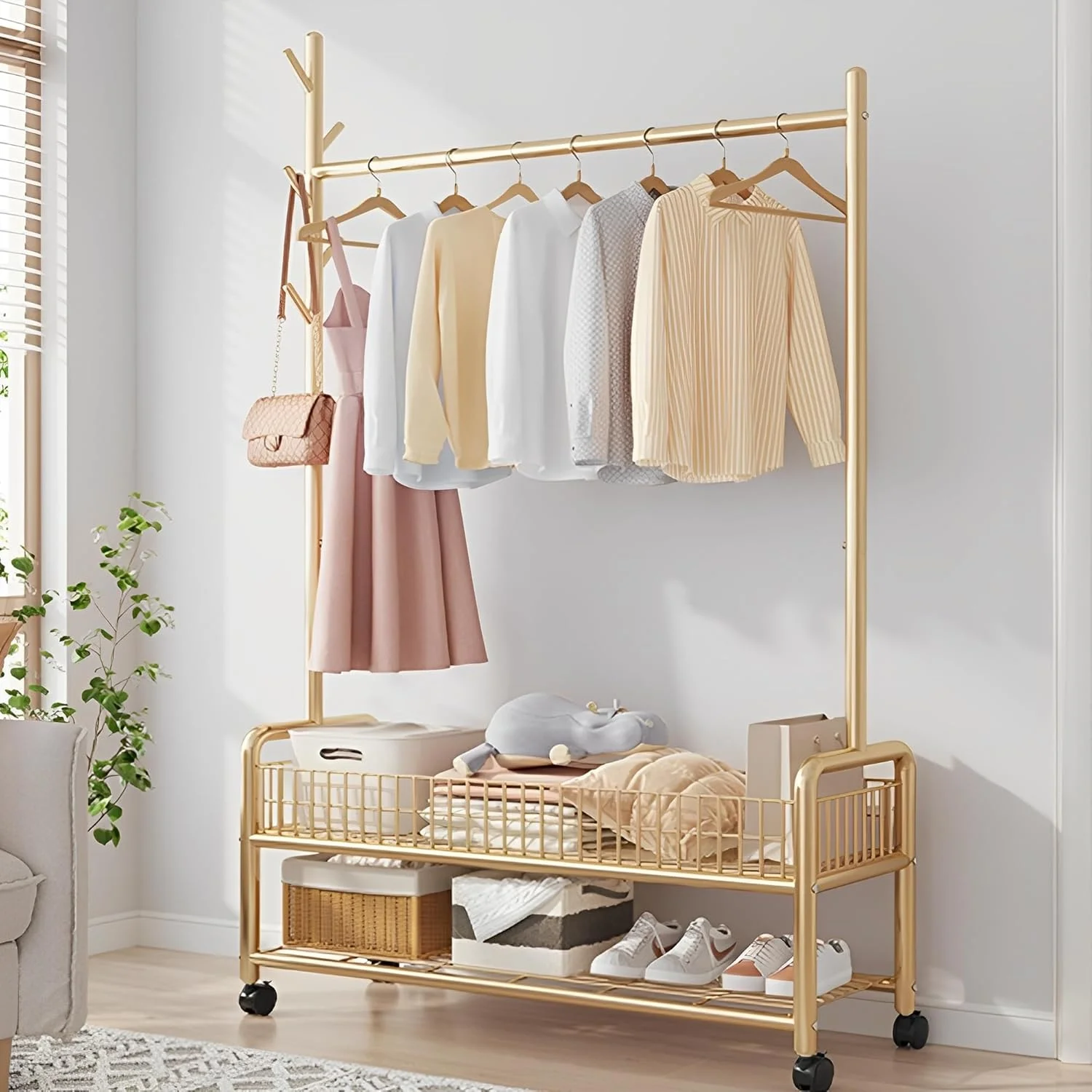 رگال لباس فلزی چرخ دار سنگین 3 در 1 Beauenty، طراحی مینیمالیستی طلایی، ایده آل برای کت، پیراهن، لباس، کیف، نگهداری و سازماندهی