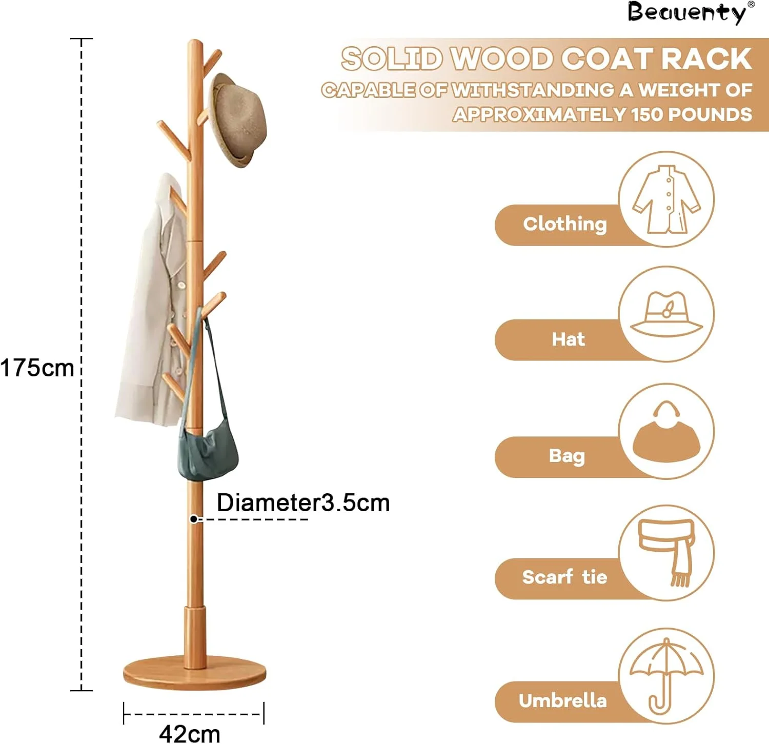 چوب لباسی ایستاده Beauenty، جالباسی درختی چوبی با قلاب و پایه های پایه، چوب لباسی چند منظوره برای خانه (رنگ چوب) چوب لباسی ایستاده Beauenty، جالباسی درختی چوبی با قلاب و پایه های پایه، چوب لباسی چند منظوره برای خانه (رنگ چوب)