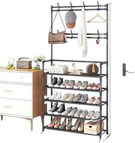 ارگانایزر کفش 4 طبقه با قلاب آویز کلاه و کت، قفسه چند منظوره - مشکی