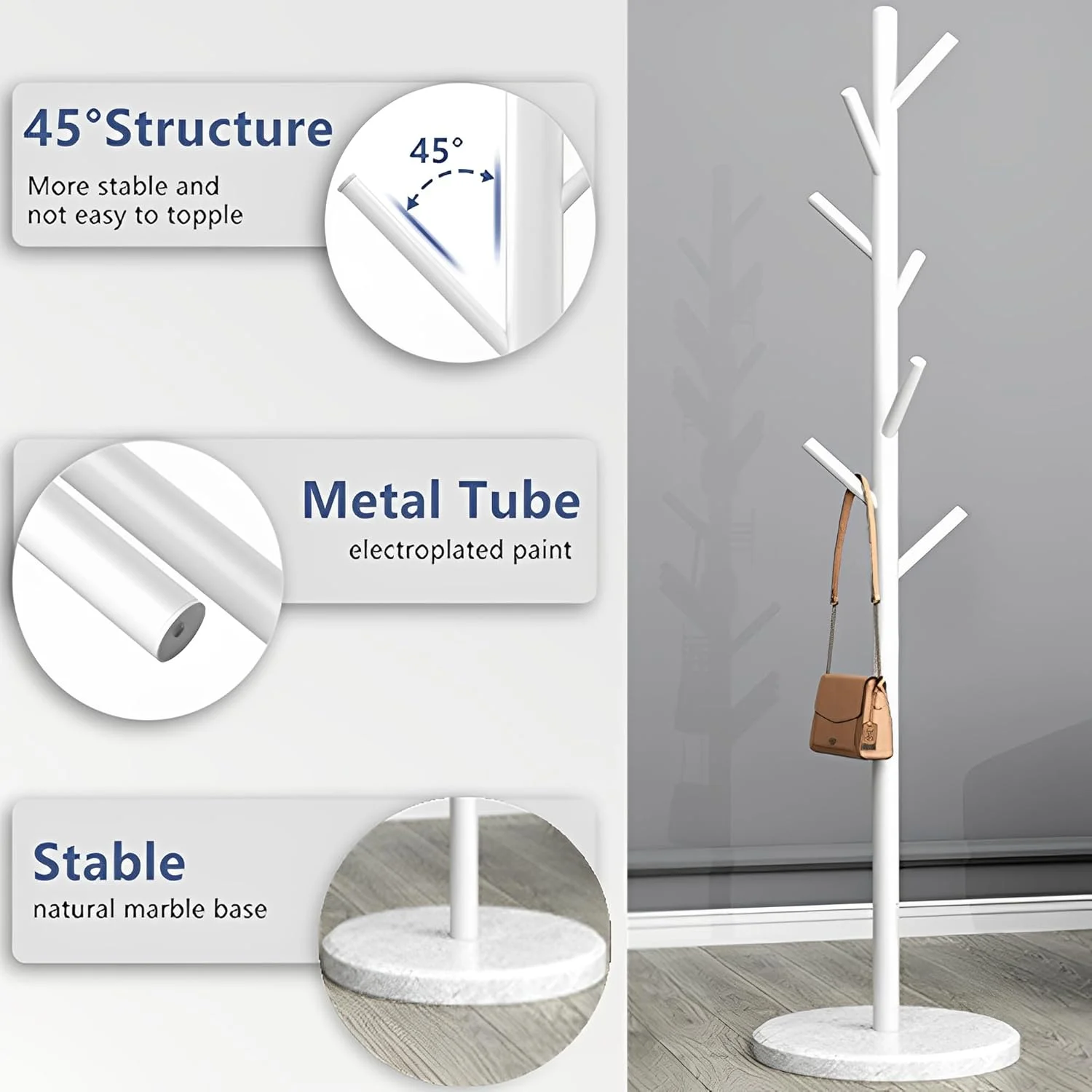 جالباسی ایستاده فلزی Beauenty - جالباسی های طلایی با پایه سنگ مرمر طبیعی سنگین، جالباسی مدرن و پایدار با 7 قلاب برای کیف، کلاه، ورودی، دفتر