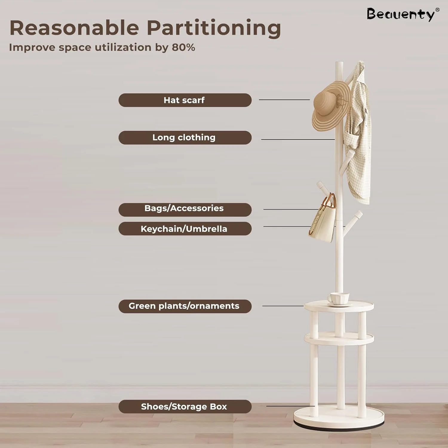 چوب لباسی ایستاده چوبی Beauenty با قفسه چرخشی، رخت آویز مستقل با 6 آویز، مناسب اتاق خواب، دفتر و راهرو (سفید + چرخش 360 درجه) چوب لباسی ایستاده چوبی Beauenty با قفسه چرخشی، رخت آویز مستقل با 6 آویز، مناسب اتاق خواب، دفتر و راهرو (سفید + چرخش 360 درجه)