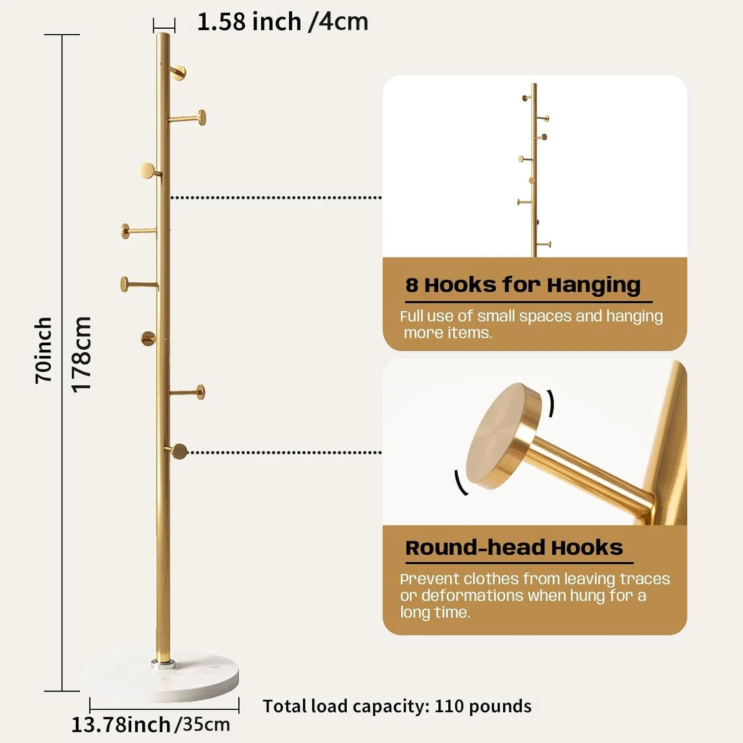 رخت آویز ایستاده 3Clock با سبد ذخیره سازی، رخت آویز فلزی ایستاده با قلاب، قفسه رخت آویز کاکتوسی با چرخ های غلتکی برای اتاق نشیمن، بالکن، حمام، رختکن، راهرو، ورودی (سفید)