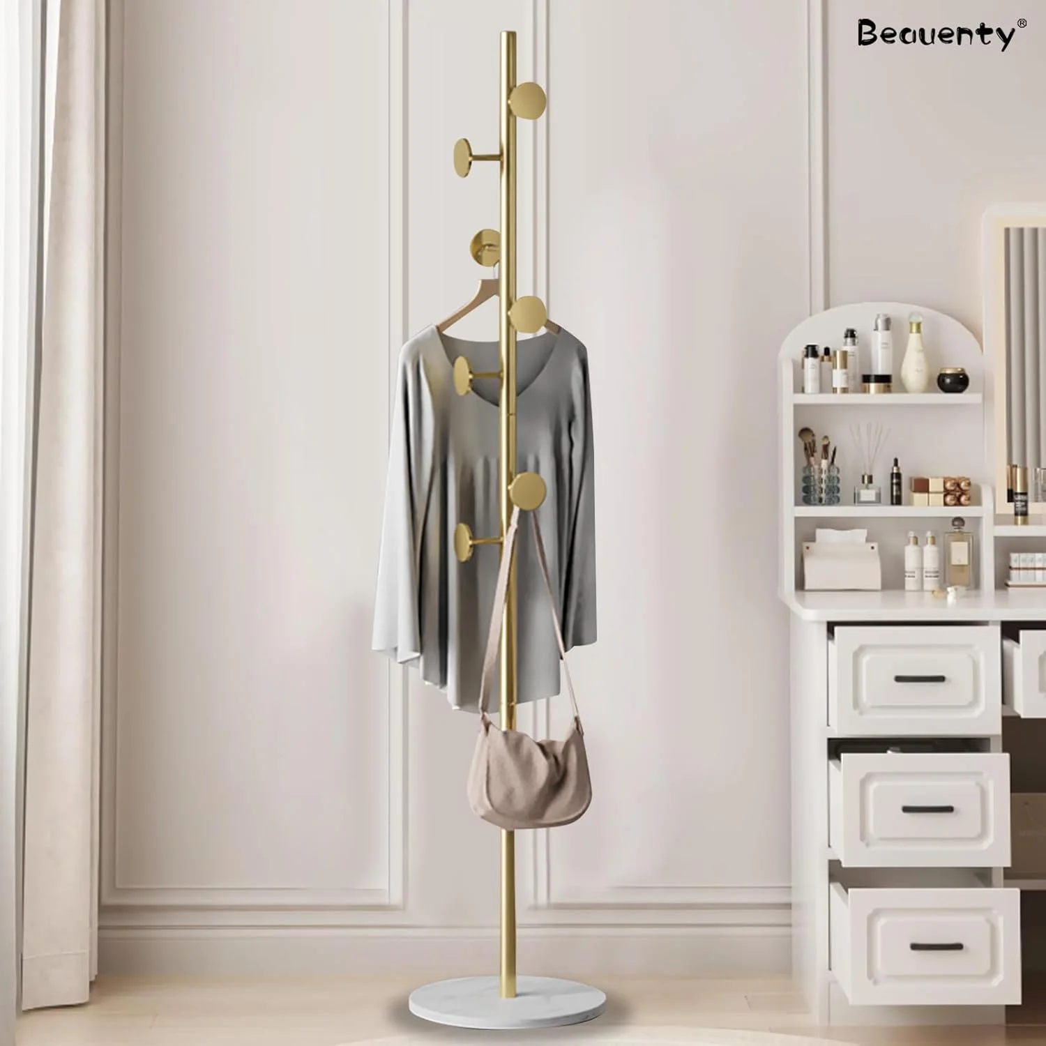 جالباسی ایستاده Beauenty، جالباسی فلزی سنگین با 7 آویز، چوب لباسی مینیمالیستی برای کت، کلاه، کیف، شال، سازمان دهنده ورودی کم جا (طرح باغ، سفید) جالباسی ایستاده Beauenty، جالباسی فلزی سنگین با 7 آویز، چوب لباسی مینیمالیستی برای کت، کلاه، کیف، شال، سازمان دهنده ورودی کم جا (طرح باغ، سفید)