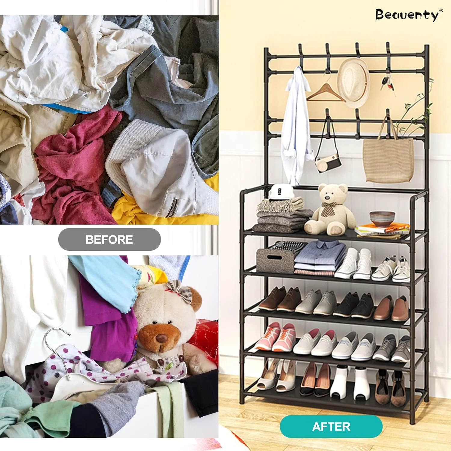 جالباسی و جاکفشی چند منظوره Beauenty - جالباسی ایستاده، جاکفشی، آویز کلاه و چتر، قفسه های ذخیره سازی، جالباسی ورودی، کمد سازمان دهنده برای اتاق خواب، رختکن (5 طبقه، مشکی) جالباسی و جاکفشی چند منظوره Beauenty - جالباسی ایستاده، جاکفشی، آویز کلاه و چتر، قفسه های ذخیره سازی، جالباسی ورودی، کمد سازمان دهنده برای اتاق خواب، رختکن (5 طبقه، مشکی)