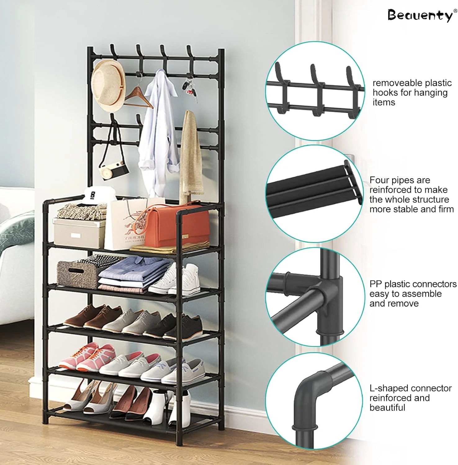 جالباسی و جاکفشی چند منظوره Beauenty - جالباسی ایستاده، جاکفشی، آویز کلاه و چتر، قفسه های ذخیره سازی، جالباسی ورودی، کمد سازمان دهنده برای اتاق خواب، رختکن (5 طبقه، مشکی) جالباسی و جاکفشی چند منظوره Beauenty - جالباسی ایستاده، جاکفشی، آویز کلاه و چتر، قفسه های ذخیره سازی، جالباسی ورودی، کمد سازمان دهنده برای اتاق خواب، رختکن (5 طبقه، مشکی)