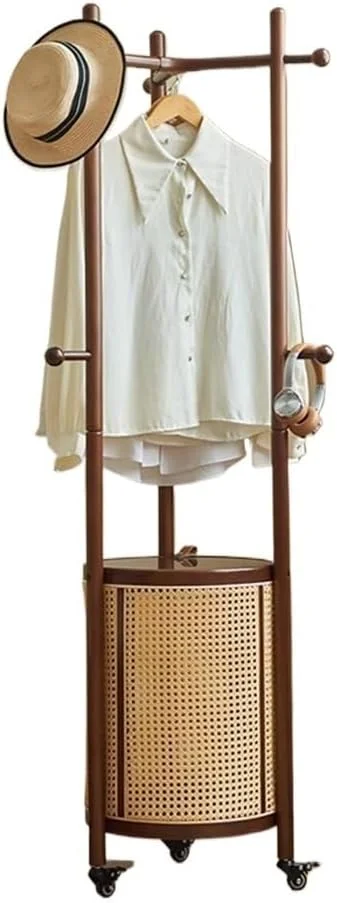 رخت آویز ایستاده چوبی، رخت آویز متحرک خانگی، سبد لباس چرک حصیری گرد، رخت آویز ایستاده اتاق خواب، رخت آویز ایستاده (رنگ گردویی)