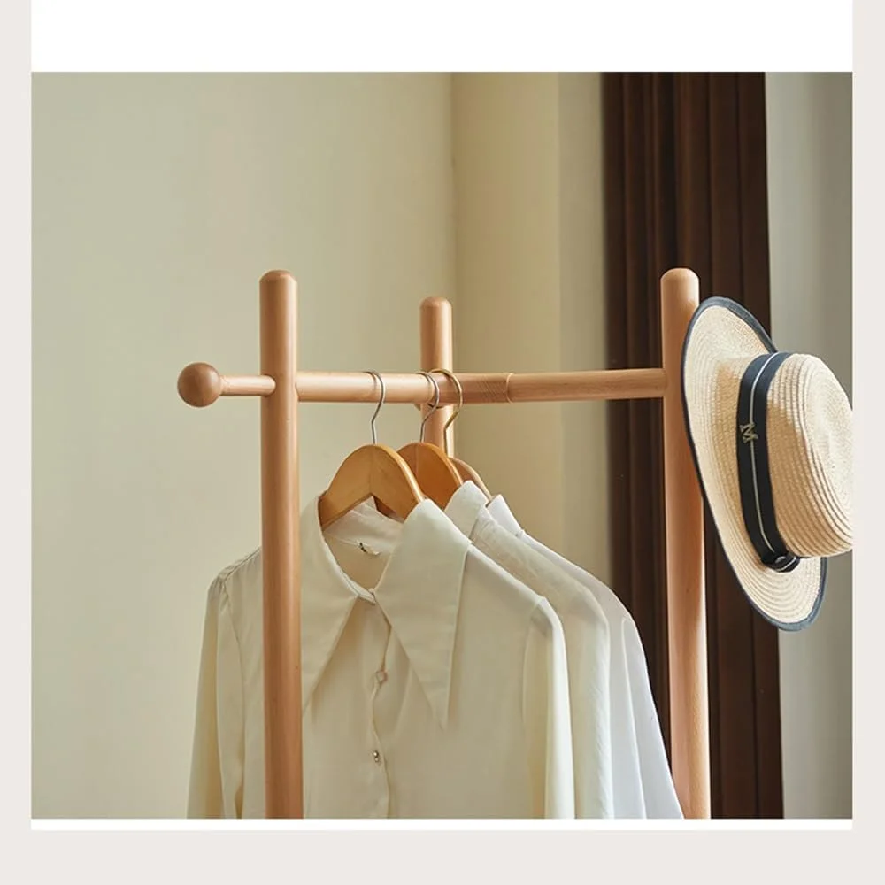 رخت آویز ایستاده چوبی، رخت آویز متحرک خانگی، سبد لباس چرک حصیری گرد، رخت آویز ایستاده اتاق خواب، رخت آویز ایستاده (رنگ گردویی)