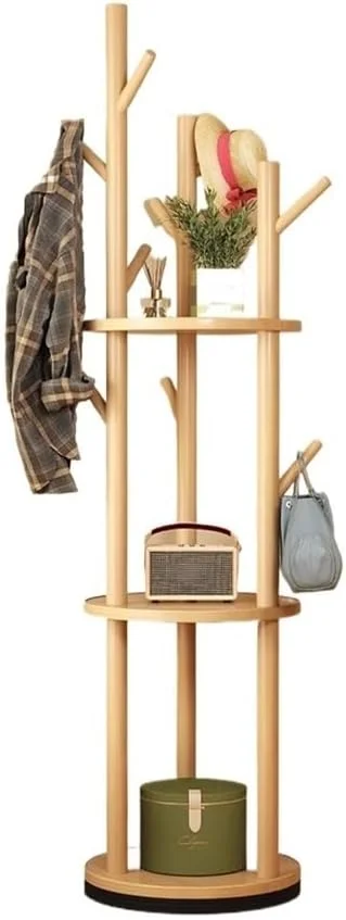 چوب لباسی ایستاده چوبی چرخشی، چوب لباسی زمینی، قفسه نگهداری خانگی برای اتاق خواب، چوب لباسی عمودی، چوب لباسی اتاق نشیمن (رنگ چوب)