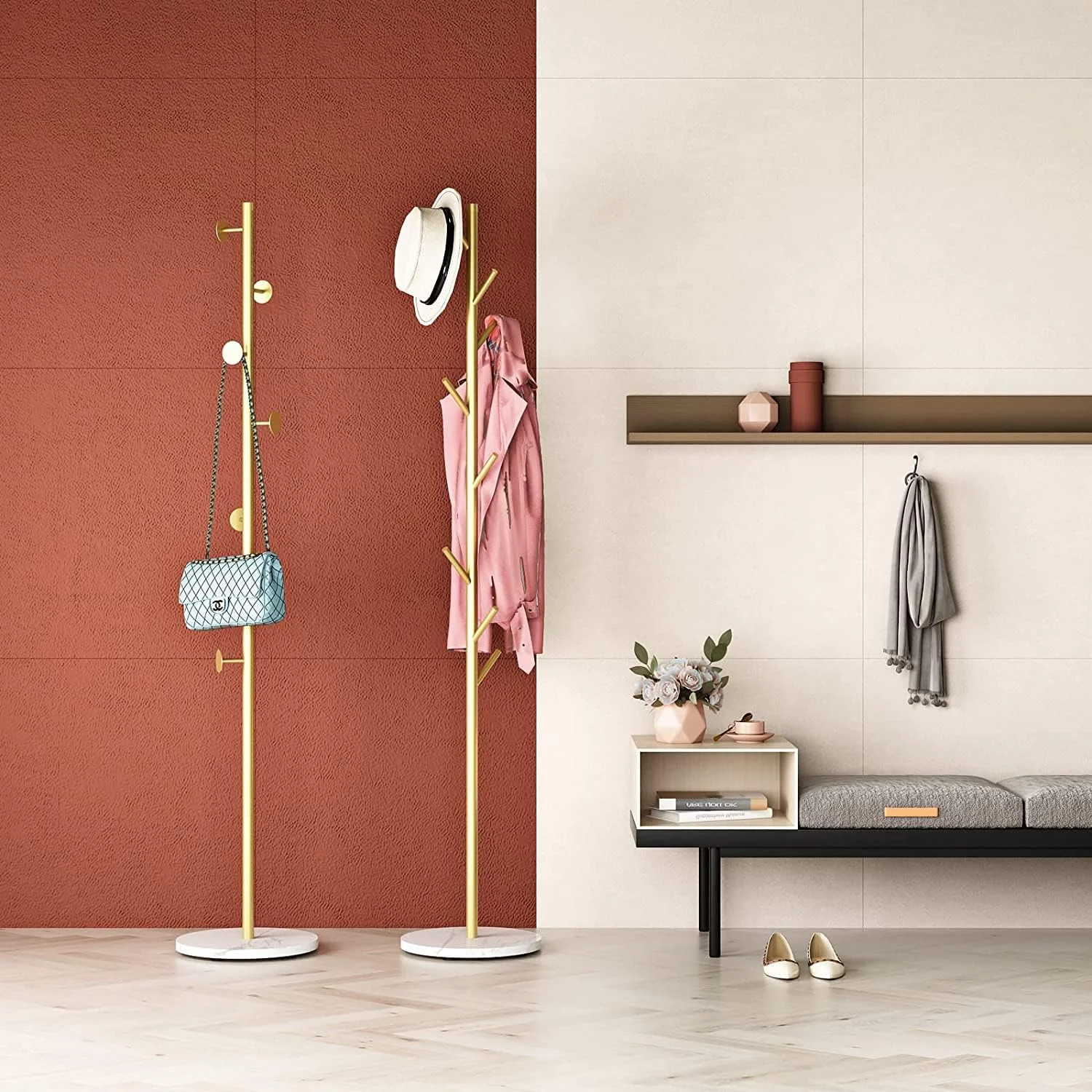 جالباسی ایستاده مرمر ROYAL POLAR با 8 آویز، پایه گرد و قفسه پایدار، آویز کلاه، جالباسی فلزی