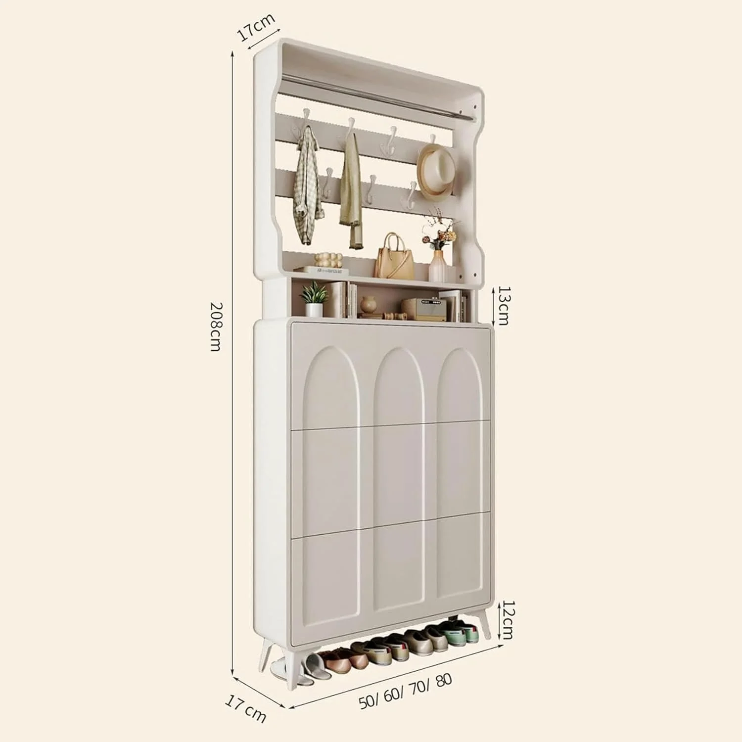 جاکفشی باریک با 3 کشو تاشو، سازمان دهنده کفش و رخت آویز برای ورودی، جاکفشی باریک مستقل (D-80X17X208Cm)