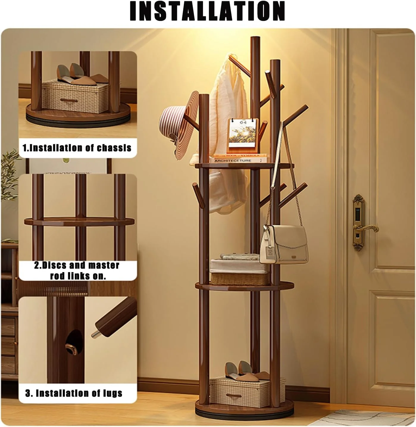 رخت آویز چوبی چرخشی 360 درجه، استند لباس ایستاده و کم جا برای آویزان کردن لباس، کیف، کلاه و لوازم جانبی - ورودی، اتاق خواب، اتاق نشیمن، بالکن (گردویی)