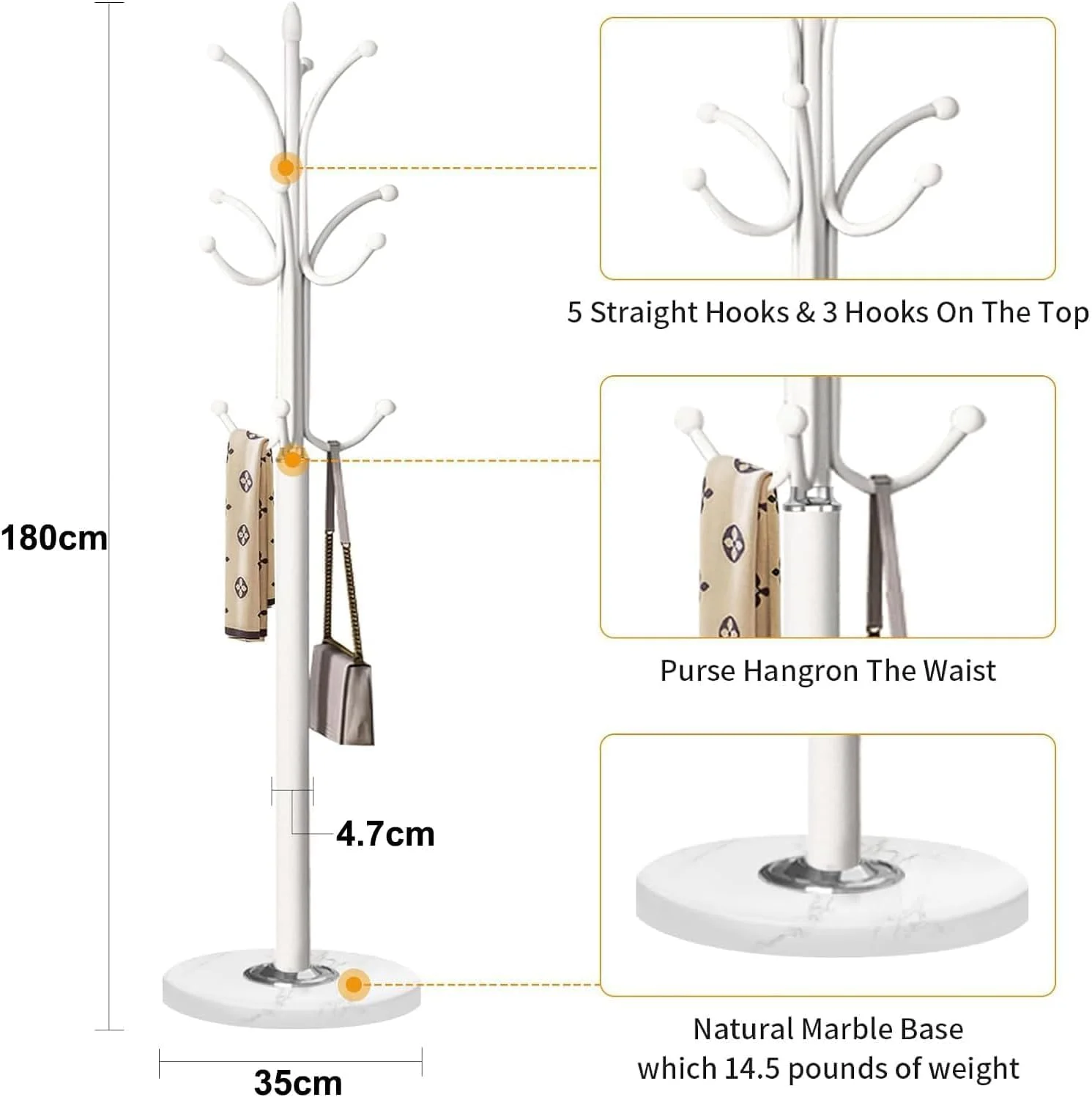 جالباسی فلزی ایستاده، جالباسی ایستاده مناسب راهرو، آویز کلاه و سازمان دهنده ورودی منزل با پایه سنگ مرمر طبیعی، جالباسی ایستاده با 12 قلاب برای آویزان کردن شال، کیف، ژاکت (سفید) جالباسی فلزی ایستاده، جالباسی ایستاده مناسب راهرو، آویز کلاه و سازمان دهنده ورودی منزل با پایه سنگ مرمر طبیعی، جالباسی ایستاده با 12 قلاب برای آویزان کردن شال، کیف، ژاکت (سفید)
