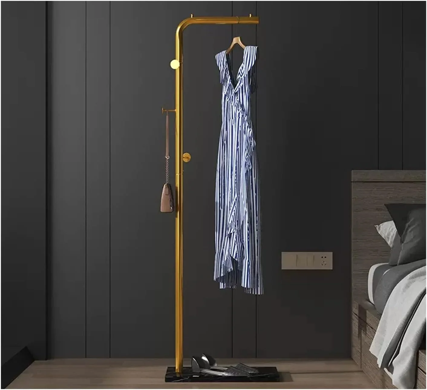 رگال لباس ایستاده ZZlei2yu-12، رگال لباس ساده برای اتاق خواب، اتاق نشیمن، خانه، رگال لباس تک میله ای (طلایی+مشکی، 150 سانتی متر)