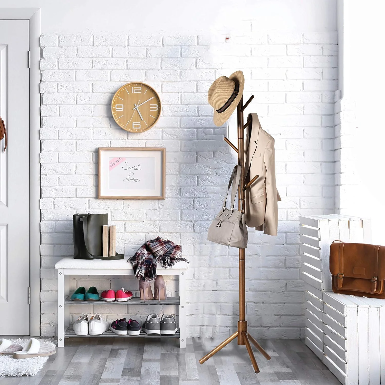 چوب لباسی ایستاده درختی چوبی زوبر، 6 شاخه - مونتاژ فوق العاده آسان بدون نیاز به ابزار - 3 سایز قابل تنظیم، چوب لباسی ایستاده راهرو/ورودی برای لباس، کت و شلوار، لوازم جانبی