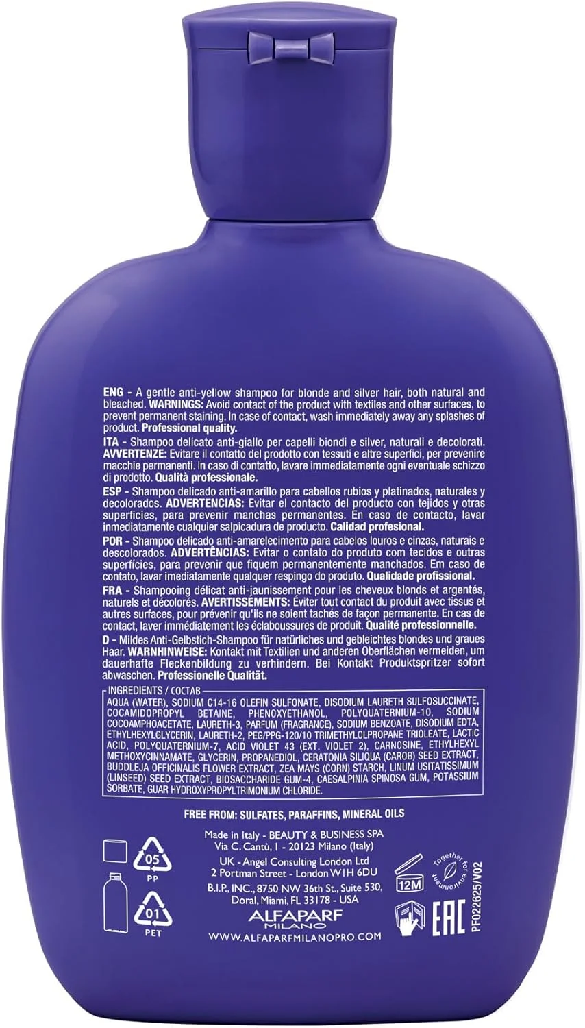 شامپو ضد زردی موهای بلوند، پلاتینه و نقره ای آلفاپرف میلانو سری سمی دی لینو بلوند، شامپو بنفش بدون سولفات از بین برنده تناژهای زرد و نارنجی شامپو ضد زردی موهای بلوند، پلاتینه و نقره ای آلفاپرف میلانو سری سمی دی لینو بلوند، شامپو بنفش بدون سولفات از بین برنده تناژهای زرد و نارنجی