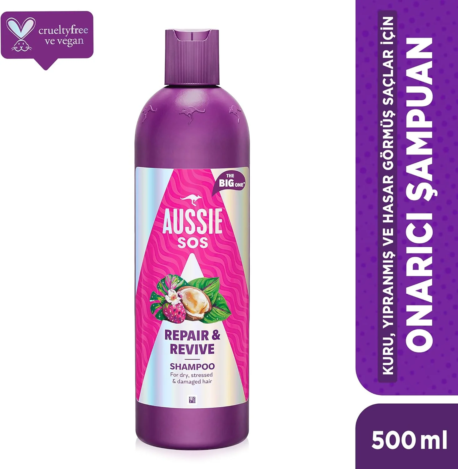شامپو ترمیم کننده و احیا کننده موهای آسیب دیده آزی مدل SOS حجم 500 میلی لیتر، برای موهای نرم، لطیف و آبرسانی شده، کمک به ترمیم و محافظت در برابر آسیب، وگان، غنی شده با سوپرفودهای استرالیایی
