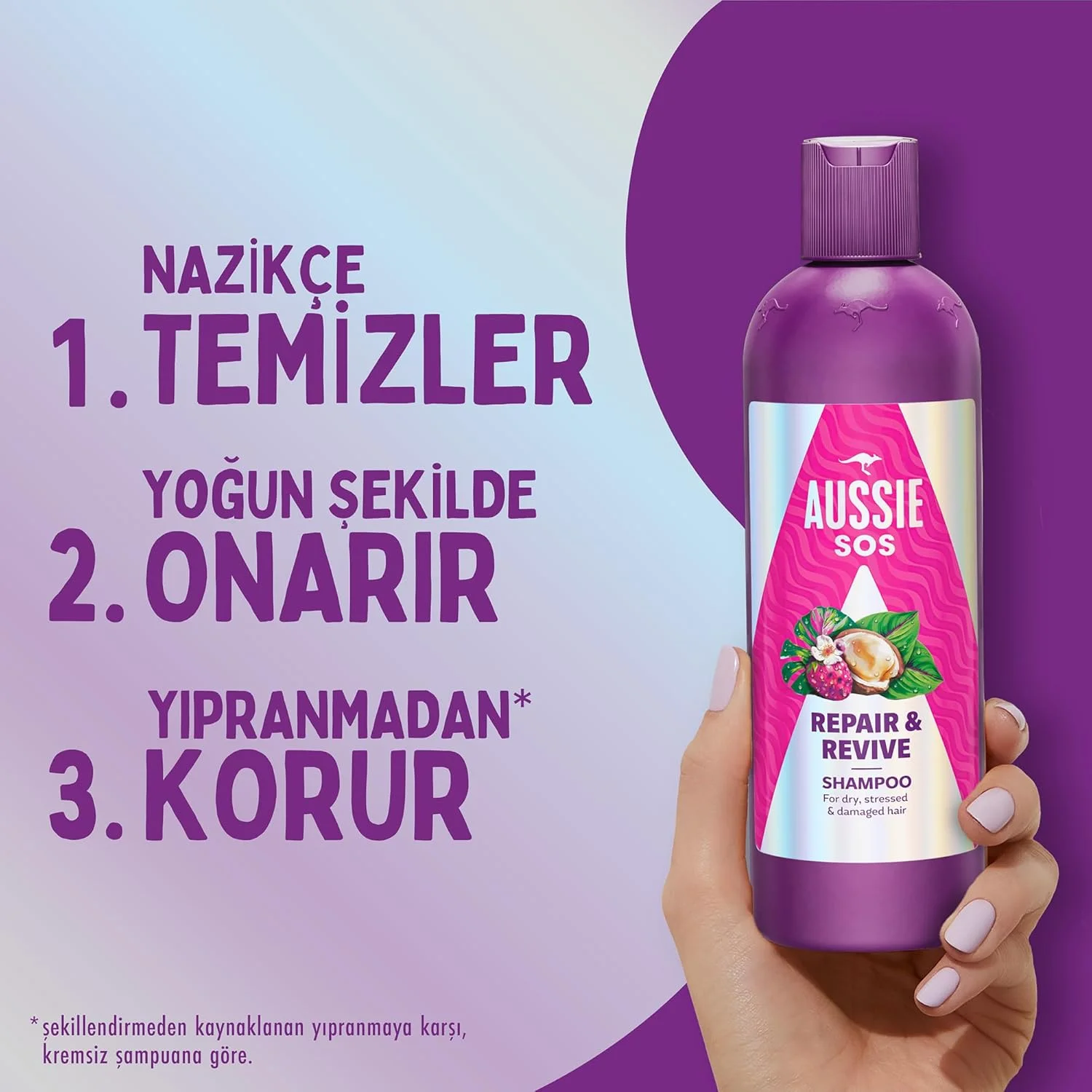 شامپو ترمیم کننده و احیا کننده موهای آسیب دیده آزی مدل SOS حجم 500 میلی لیتر، برای موهای نرم، لطیف و آبرسانی شده، کمک به ترمیم و محافظت در برابر آسیب، وگان، غنی شده با سوپرفودهای استرالیایی