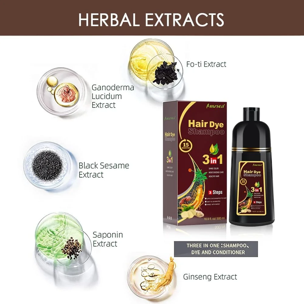 AMZSEA Instant Black Hair Shampoo Hair Colour Shampoo for Grey Hair, 3-in-1 for Men and Women, Long-Lasting Black Shampoo Colours (Coffee)