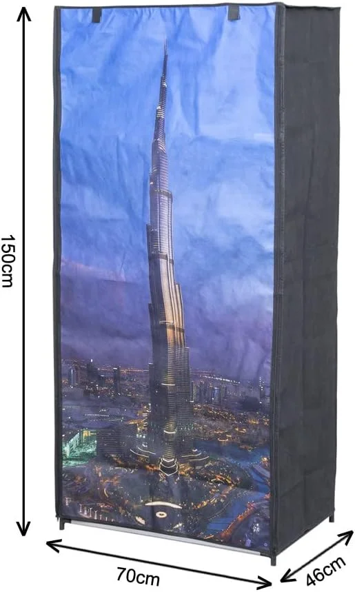 WT-EASYCARE Portable Wardrobe Closet with 2 Shelves and Hanging Space | Zippered Front Door Wardrobe - Burj Khalifa