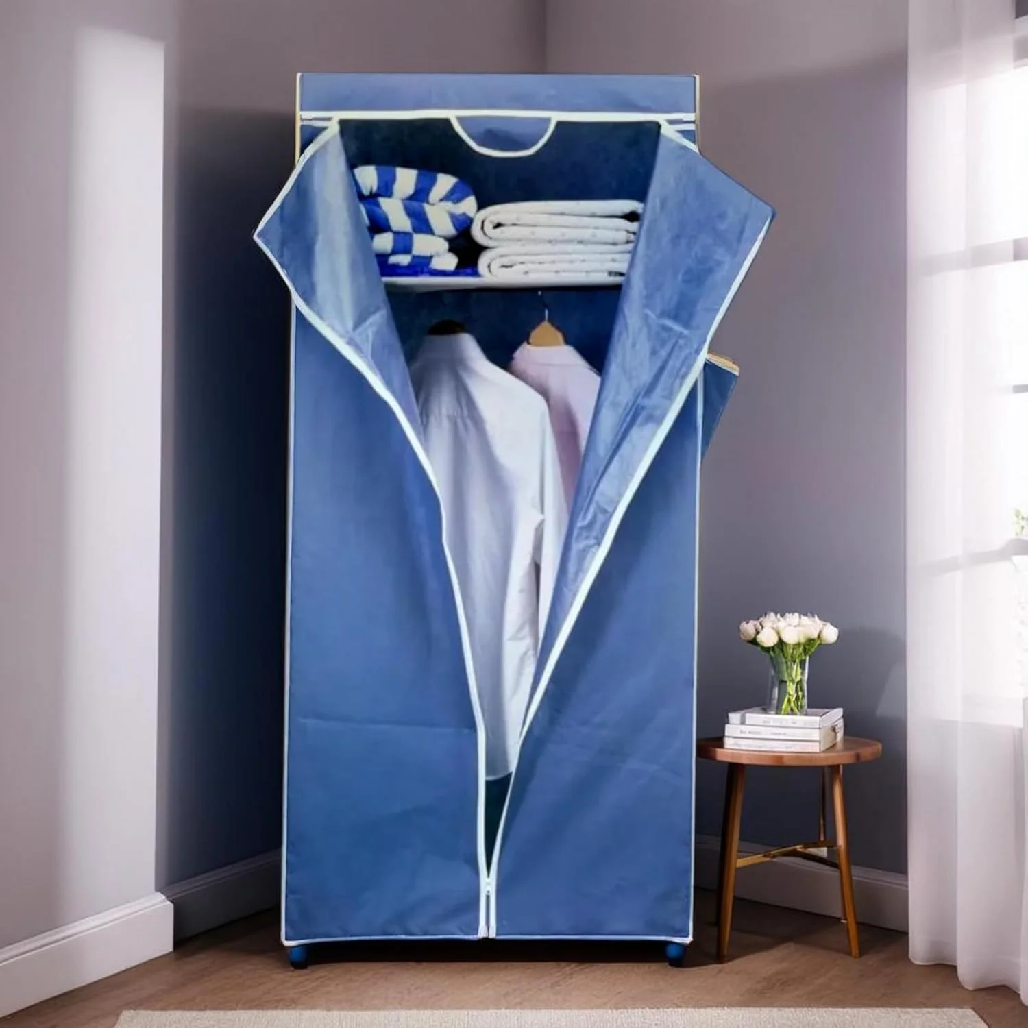 WT-EASYCARE Blue Garment Closet - Foldable Soft Fabric Wardrobe with Zipper, Easy Front View, Dust & Moisture Protection, Spacious Storage for Clothes & Accessories, Ideal for Living Room & Bedroom