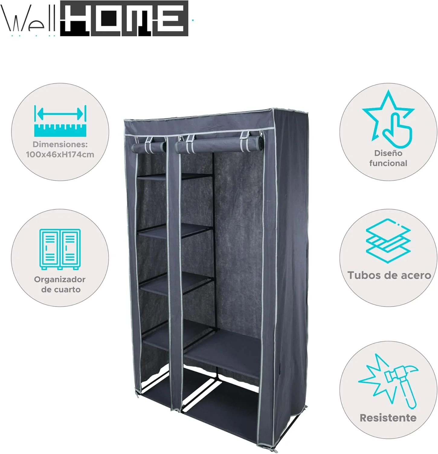 Well Home Wardrobe with Steel Bar and 5 Shelves 100 x 46 x 174 cm