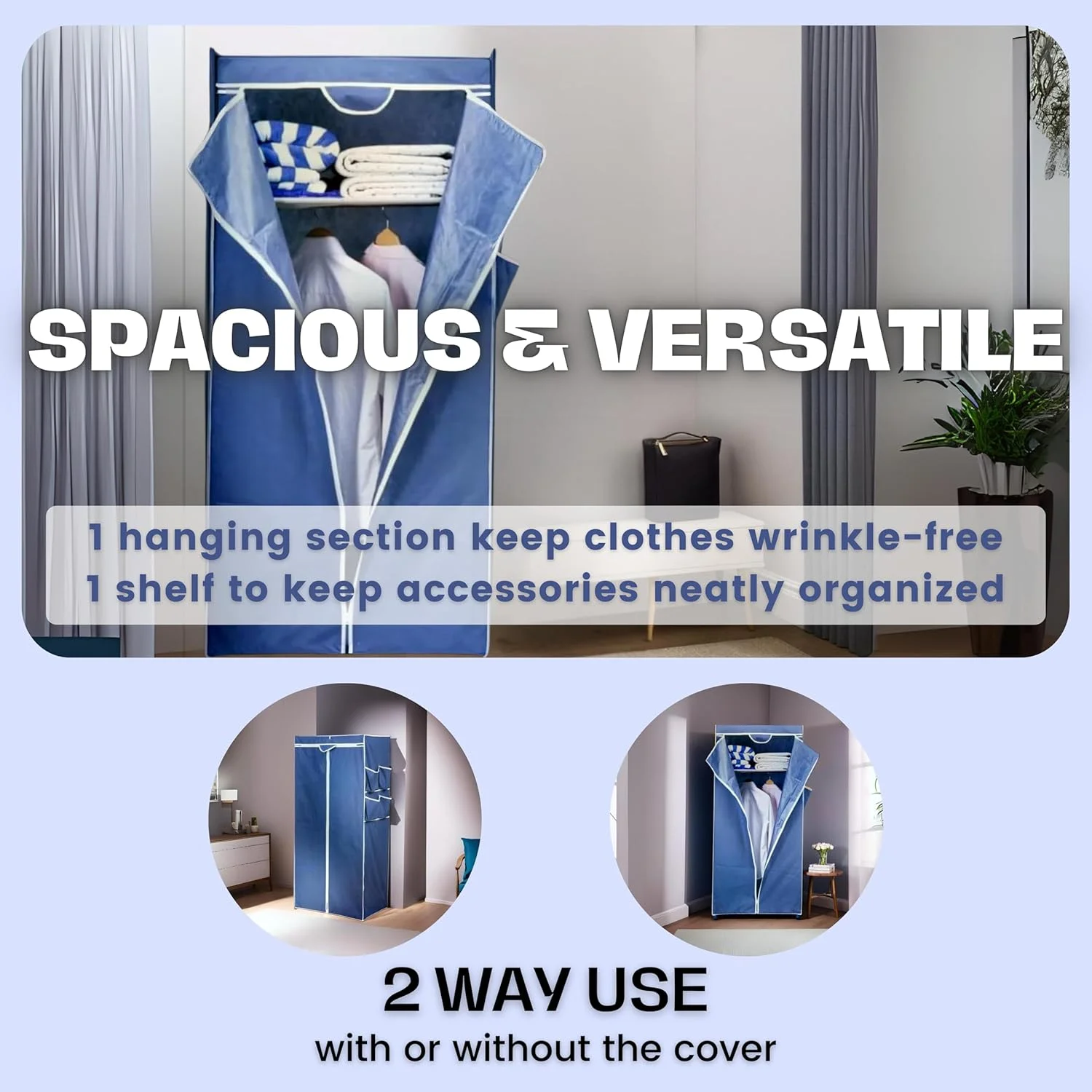 WT-EASYCARE Blue Garment Closet - Foldable Soft Fabric Wardrobe with Zipper, Easy Front View, Dust & Moisture Protection, Spacious Storage for Clothes & Accessories, Ideal for Living Room & Bedroom