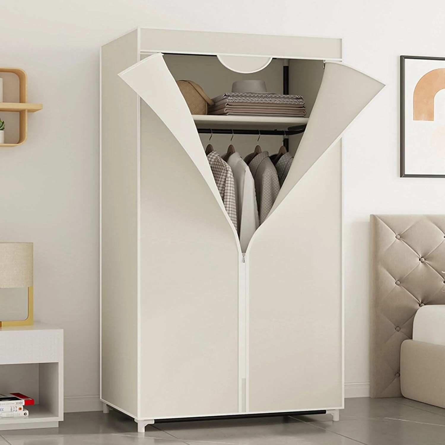 Wardrobe Canvas Wardrobe,Portable Wardrobe Shelves With Hanging Rail,Shelves,Fabric Cover,Clothes Closet Storage Organizer,White-155x70x45 Wardrobe Canvas Wardrobe,Portable Wardrobe Shelves With Hanging Rail,Shelves,Fabric Cover,Clothes Closet Storage Organizer,White-155x70x45