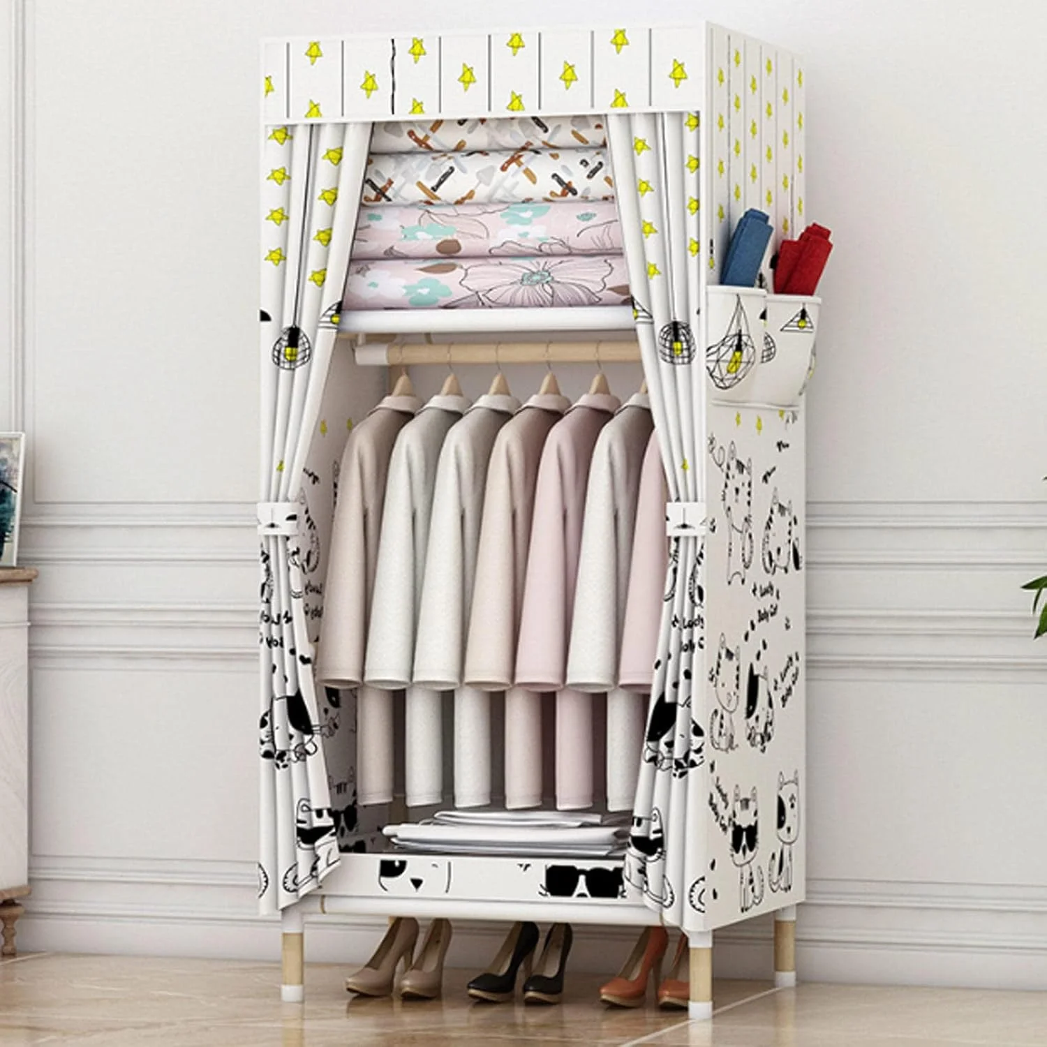 Wardrobe Portable Canvas Wardrobes Shelves,Foldable Closet With Hanging Rail and Side Pockets,Clothes Closet Storage Organizer for Clothes,Bags,A-65X45X155CM