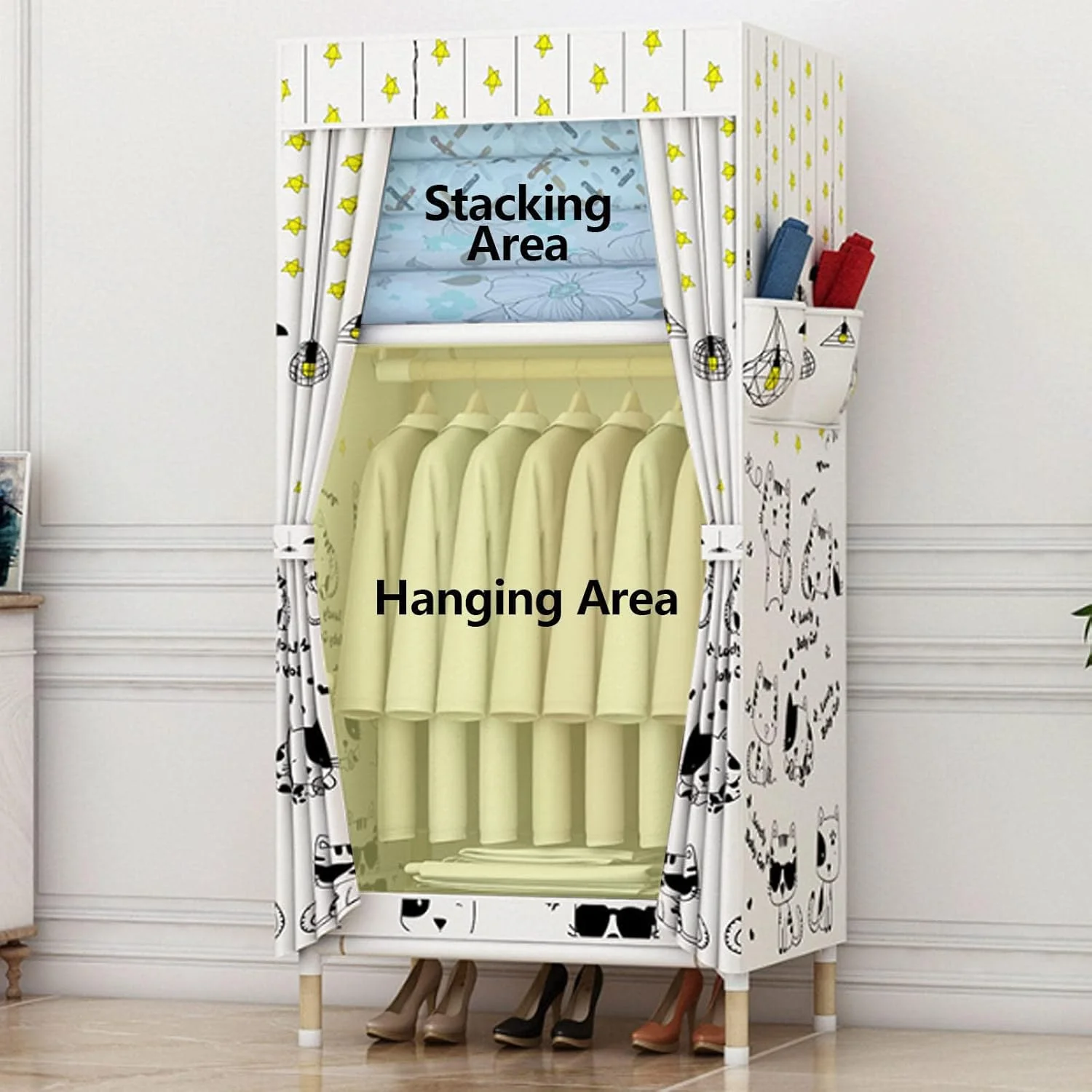 Wardrobe Portable Canvas Wardrobes Shelves,Foldable Closet With Hanging Rail and Side Pockets,Clothes Closet Storage Organizer for Clothes,Bags,A-65X45X155CM