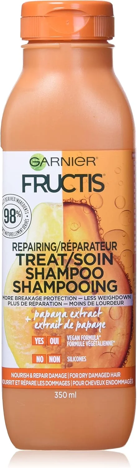 Garnier Fructis Damage Repairing Treat Shampoo, 98 Percent Naturally Derived Ingredients, Papaya, Nourish Dry Damaged Hair, Coconut, 11.8 Fl Oz