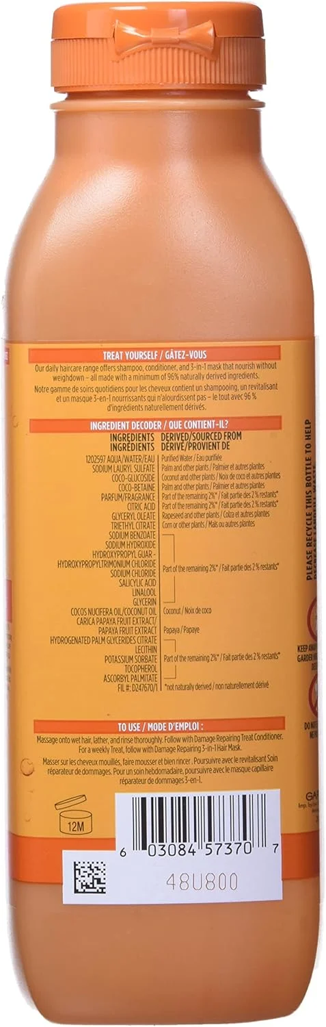 Garnier Fructis Damage Repairing Treat Shampoo, 98 Percent Naturally Derived Ingredients, Papaya, Nourish Dry Damaged Hair, Coconut, 11.8 Fl Oz Garnier Fructis Damage Repairing Treat Shampoo, 98 Percent Naturally Derived Ingredients, Papaya, Nourish Dry Damaged Hair, Coconut, 11.8 Fl Oz