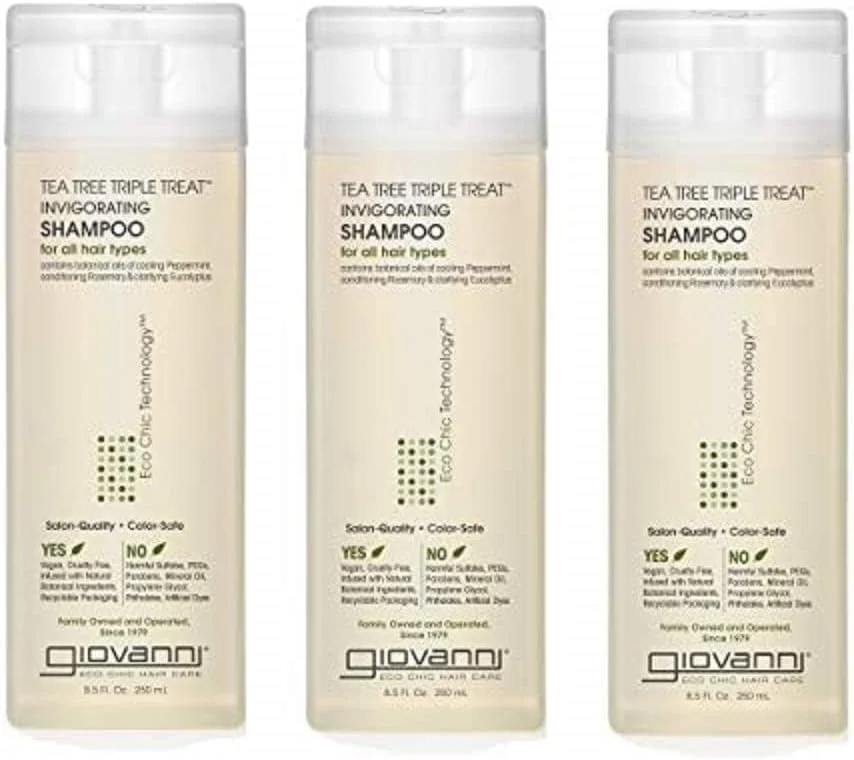 GIOVANNI Tea Tree Triple Treat Invigorating Shampoo - Cooling Peppermint, Eucalyptus & Rosemary, Strengthen & Rejuvenate Hair & Scalp, Salon Quality, Paraben Free, Tea Tree Shampoo - 8.5 oz (3 Pack)