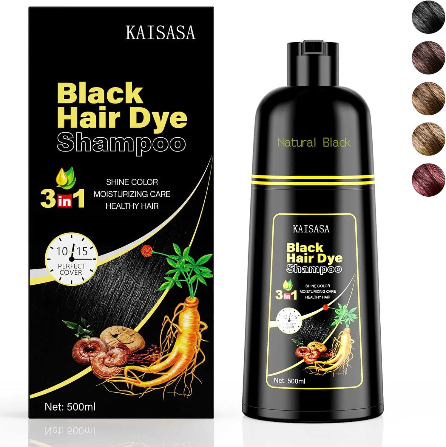 شامپو رنگ موی مشکی کایساسا 3 در 1، شامپو رنگ مو برای زنان و مردان، رنگ مو برای پوشاندن موهای سفید، شامپو با ترکیبات گیاهی برای پوشش موهای خاکستری 500 میلی لیتر (مشکی)
