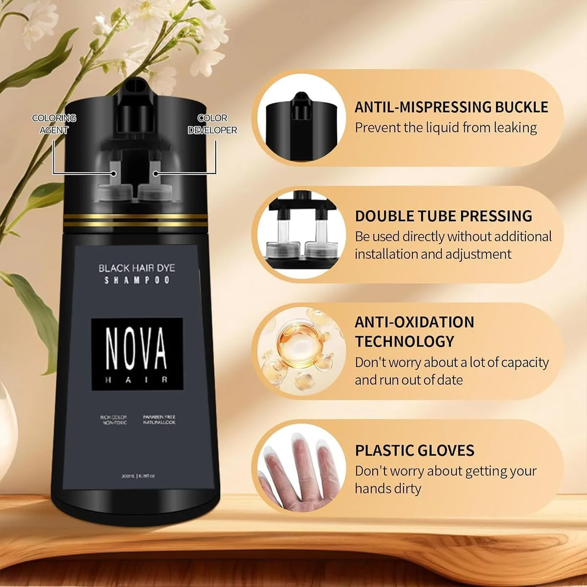 شامپو رنگ مو KASTWAVE، شامپو رنگ فوری موی قهوه ای تیره 3 در 1، شامپو رنگ موی طبیعی برای موهای سفید، شامپو رنگ فوری برای مردان و زنان (مشکی)