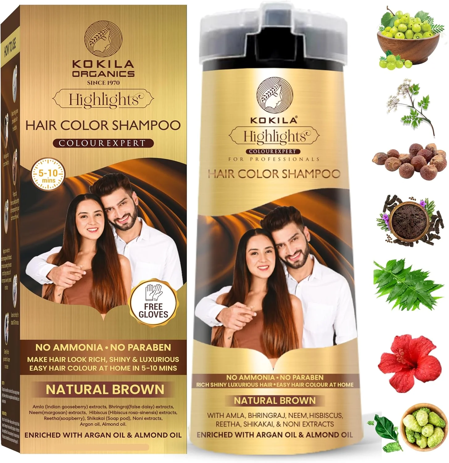 شامپو رنگ مو کوکیلا برای آقایان و بانوان | بدون آمونیاک - بدون پارابن | 10 جفت دستکش رایگان، قهوه ای طبیعی 400 میلی لیتر