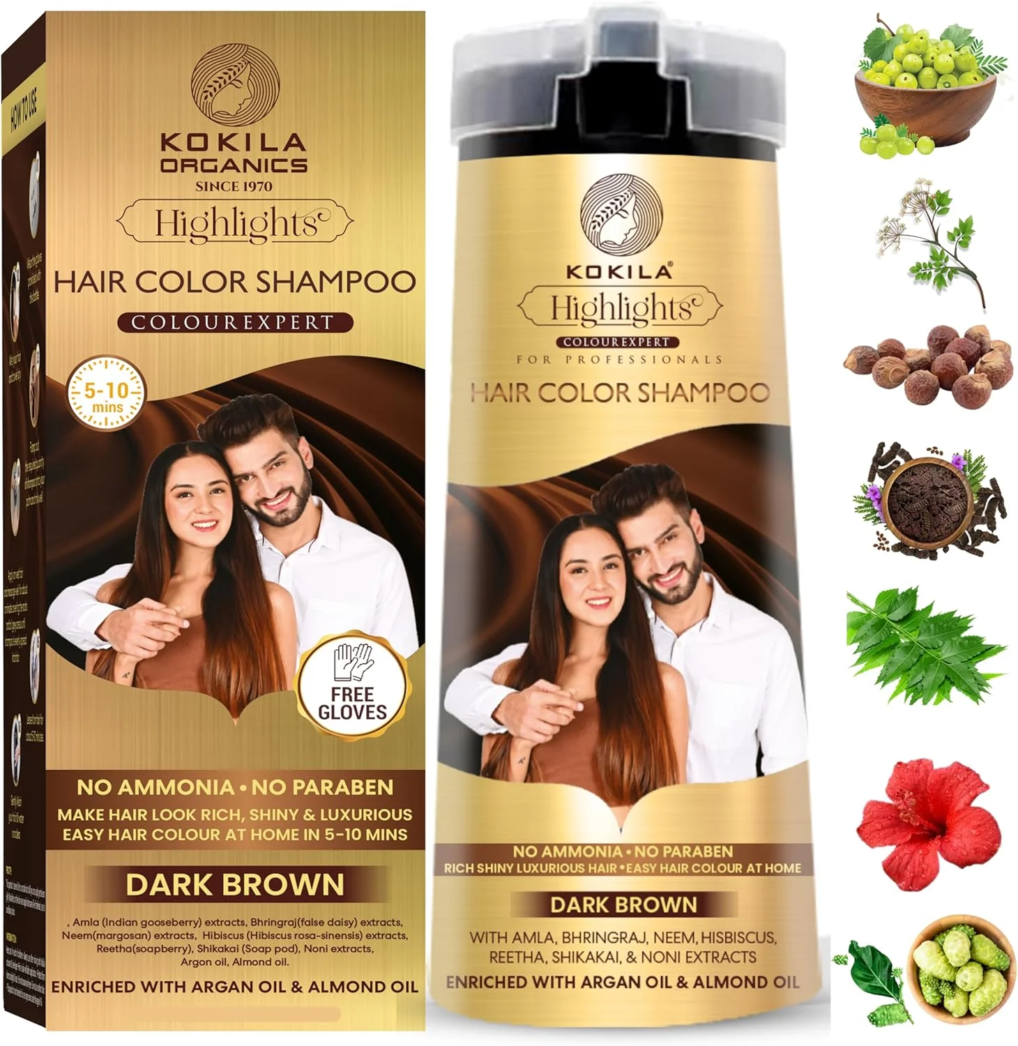شامپو رنگ مو کوکیلا برای آقایان و بانوان | بدون آمونیاک - بدون پارابن | 10 جفت دستکش رایگان، قهوه ای تیره 400 میلی لیتر