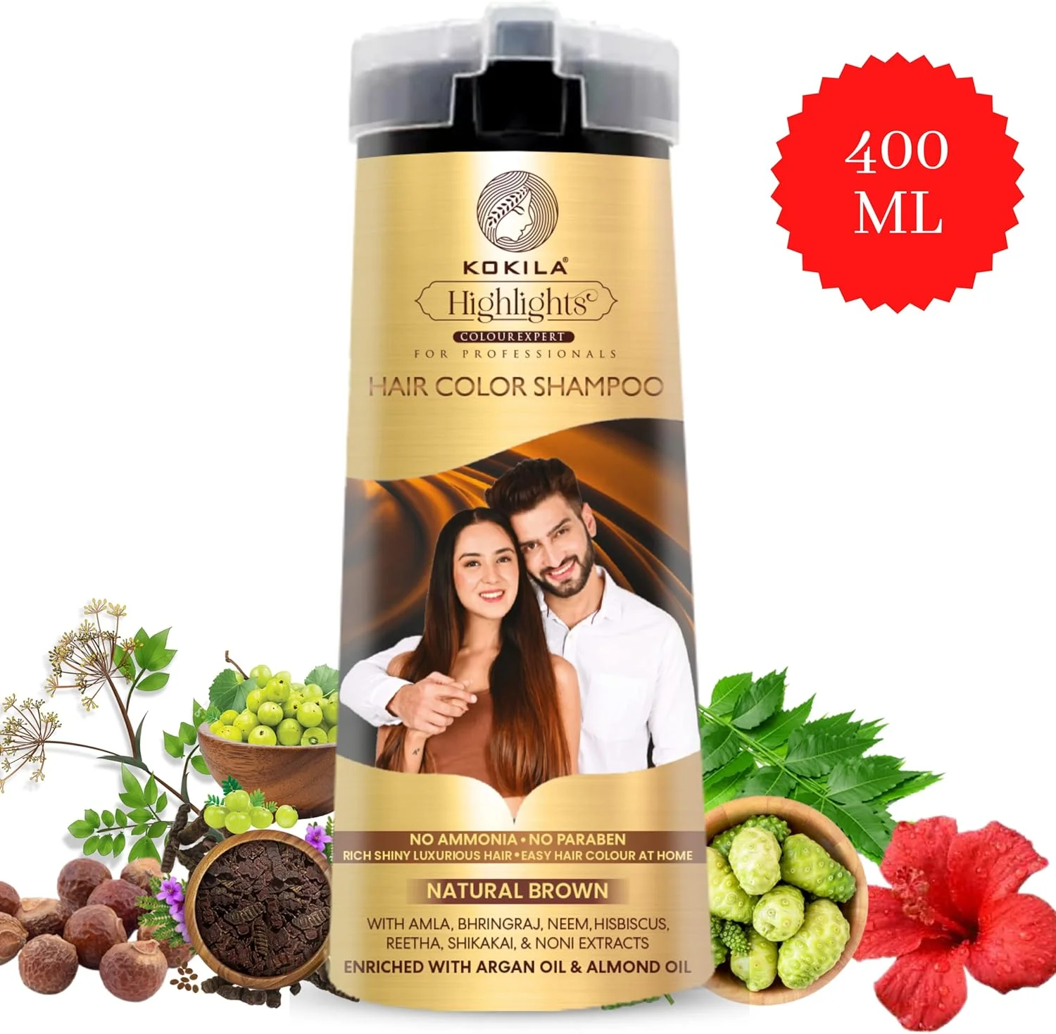 شامپو رنگ مو کوکیلا برای آقایان و بانوان | بدون آمونیاک - بدون پارابن | 10 جفت دستکش رایگان، قهوه ای طبیعی 400 میلی لیتر