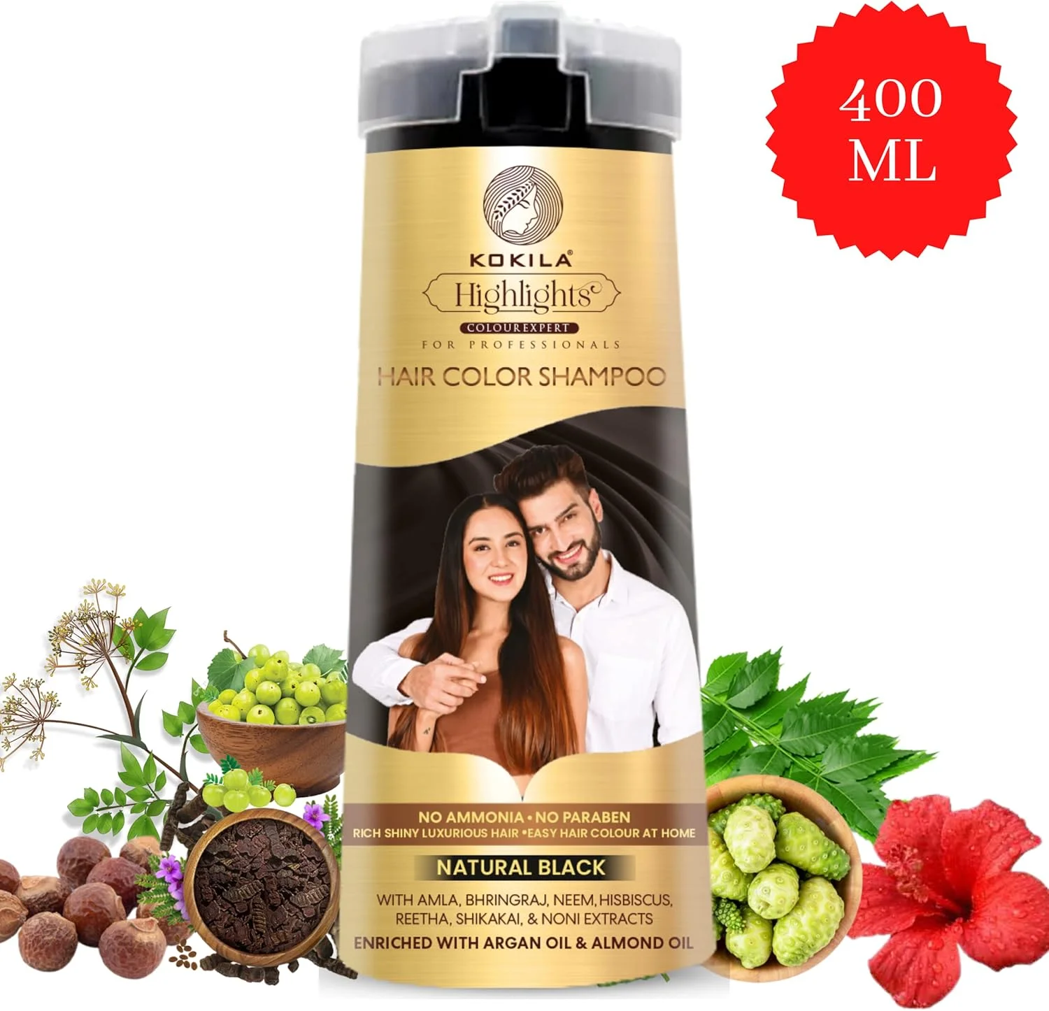 شامپو رنگ مو کوکیلا برای آقایان و بانوان | بدون آمونیاک - بدون پارابن | 10 جفت دستکش رایگان، مشکی طبیعی 400 میلی لیتر