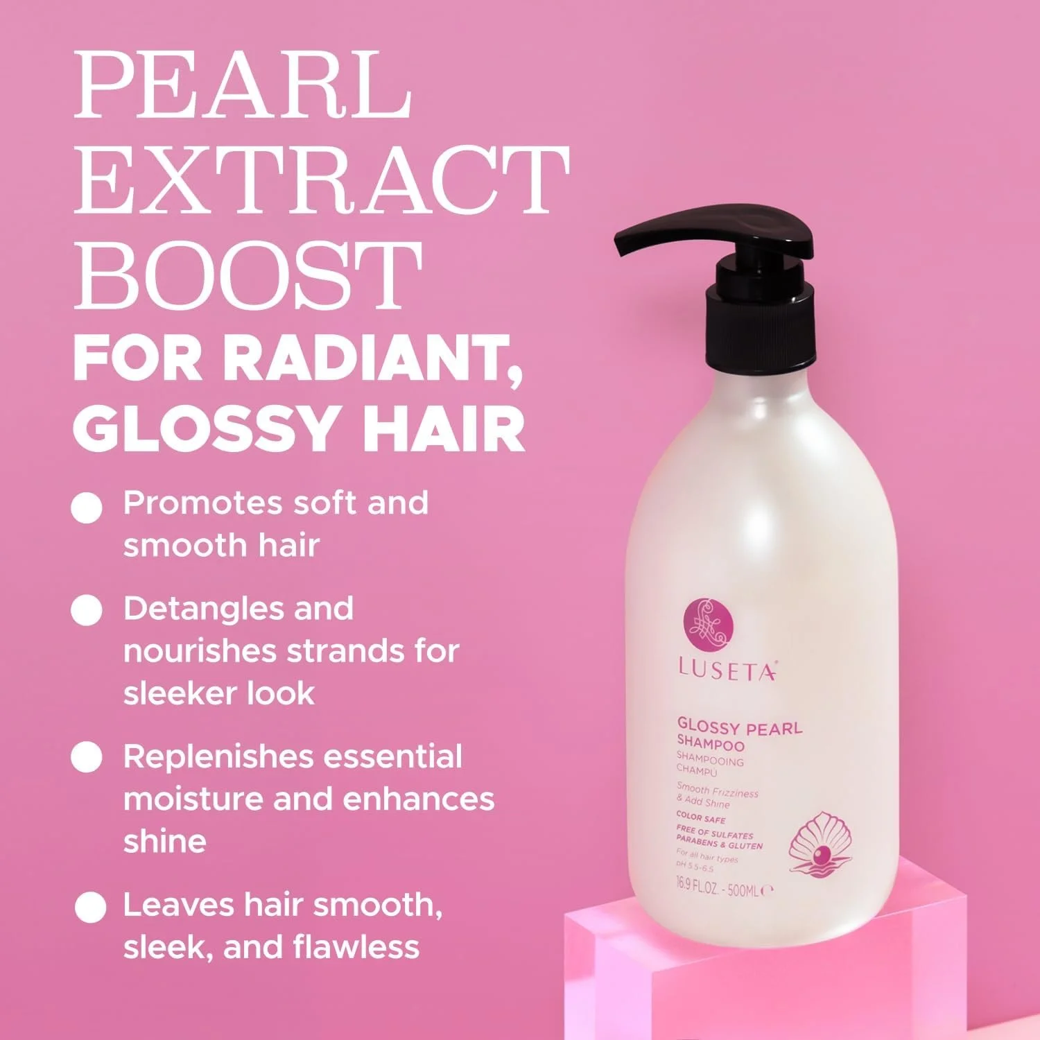 شامپو براق کننده مروارید لوسِتا برای صاف کردن و تغذیه موهای وز، شامپو مرطوب کننده با عصاره مروارید، بیدار کننده درخشش برای موهای کدر 500 میلی لیتر