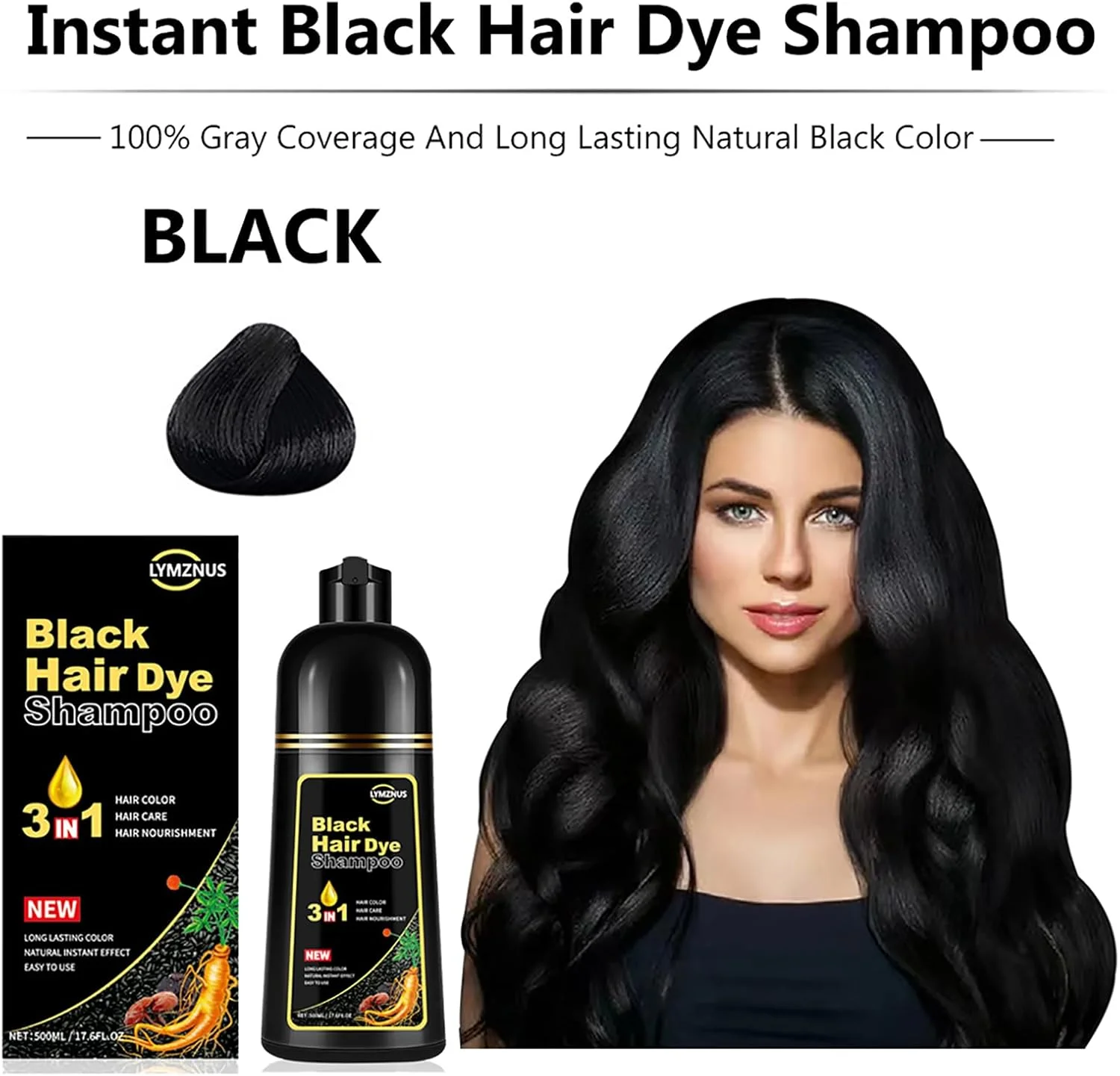 شامپو رنگ موی گیاهی مشکی لیمزنوس 3 در 1 برای موهای سفید، شامپو رنگ موی فوری برای زنان و مردان، شامپو موی مشکی برای پوشش 100% موهای سفید 500 میلی لیتر