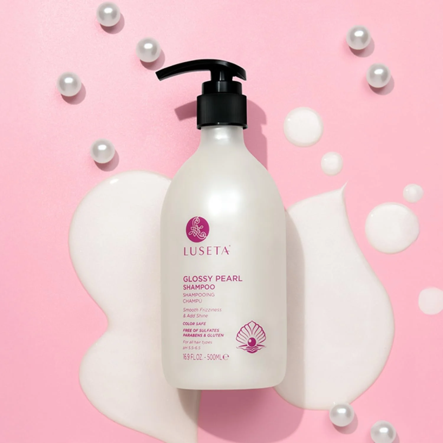 شامپو براق کننده مروارید لوسِتا برای صاف کردن و تغذیه موهای وز، شامپو مرطوب کننده با عصاره مروارید، بیدار کننده درخشش برای موهای کدر 500 میلی لیتر