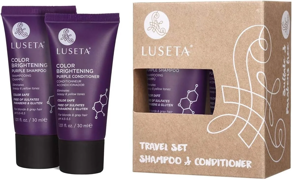 لوسِتا (روشن کننده رنگ، 2 عدد 30 میلی لیتر) - شامپو و نرم کننده بنفش روشن کننده رنگ مو، کیت مسافرتی برای موهای بلوند و خاکستری - غنی شده با روغن نارگیل برای کمک به تغذیه، آبرسانی و حالت دهی مو...